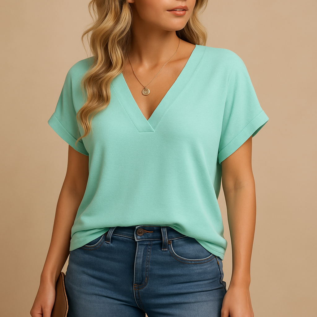 V-neck puff sleeve blouse for women in breathable fabric, available in six colors and perfect for work or casual occasions.