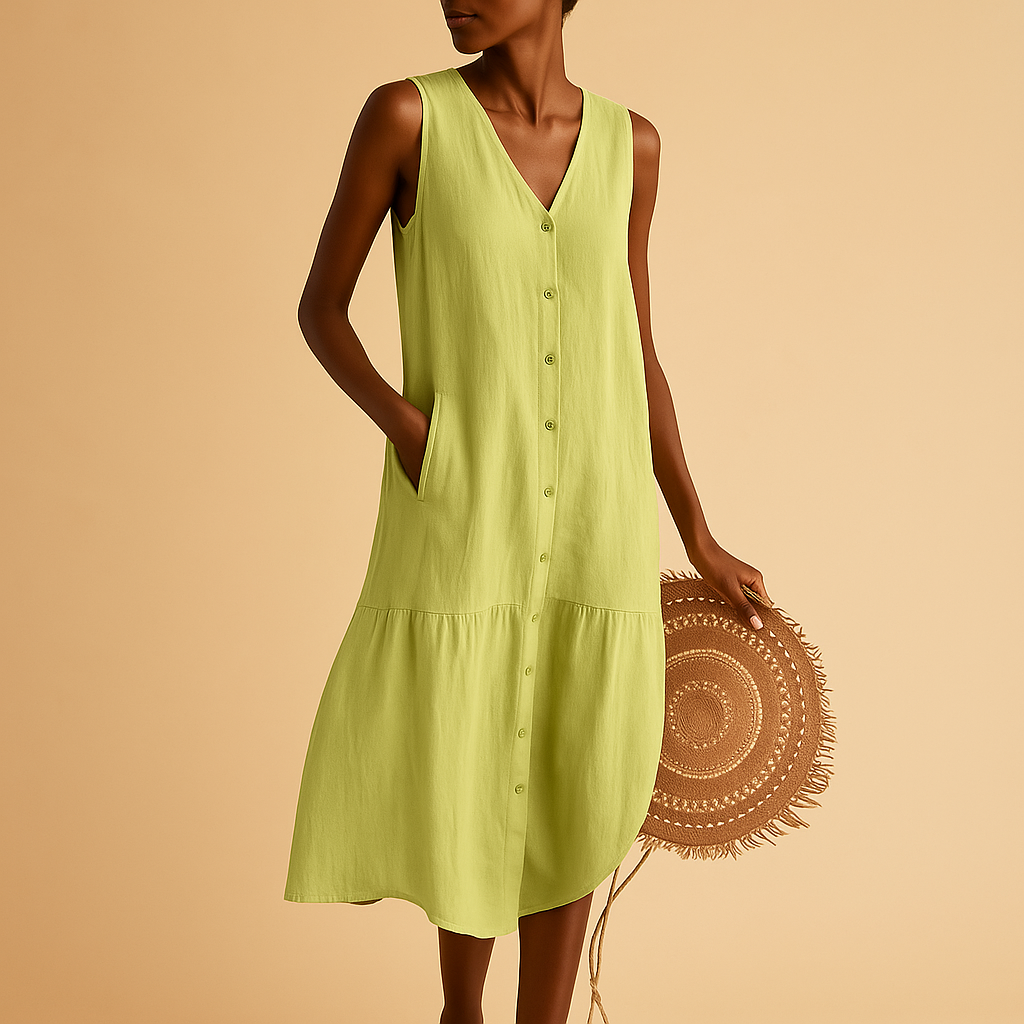 V-neck summer dress for women with a timeless silhouette and breezy fit, perfect for the beach, vacation, or warm evening outings.