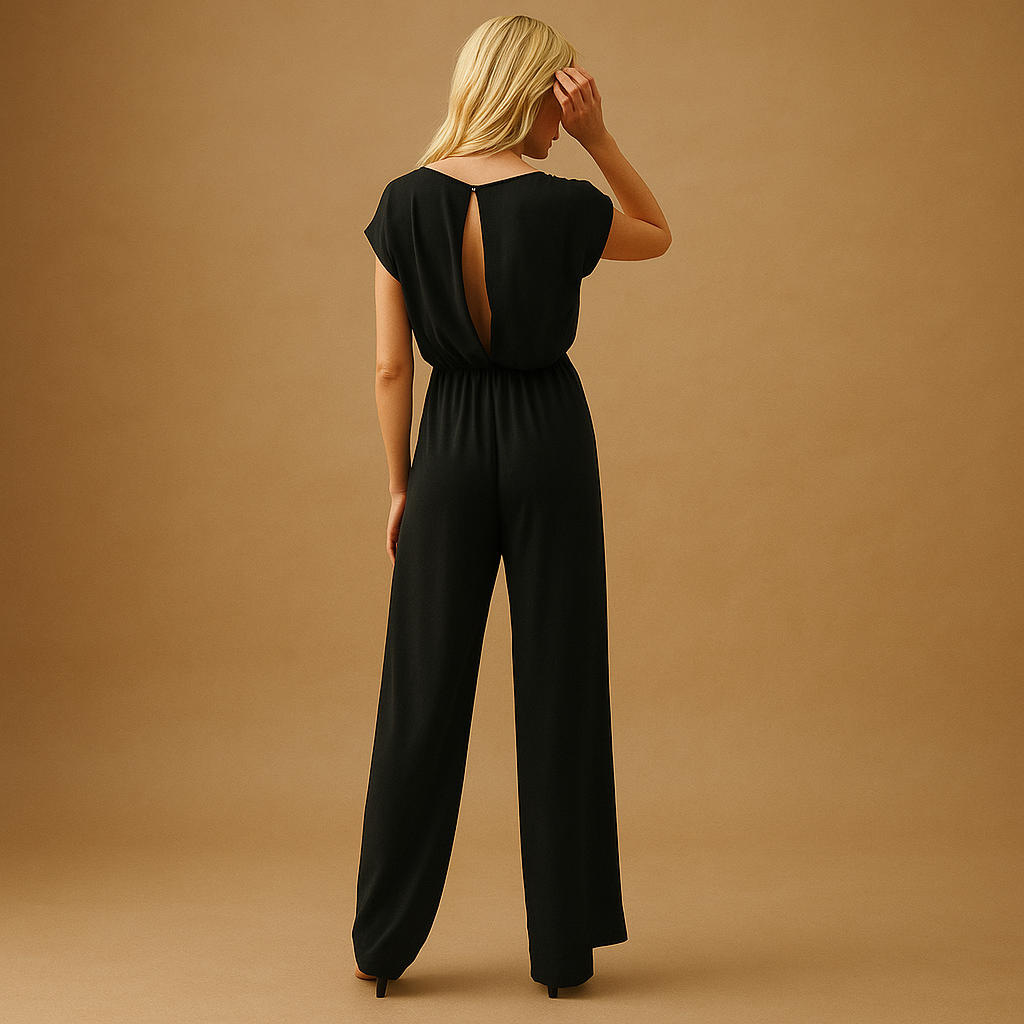 Women’s V-neck summer jumpsuit with wide legs in light blue, black, or navy, ideal for warm days, outings, or relaxed occasions.
