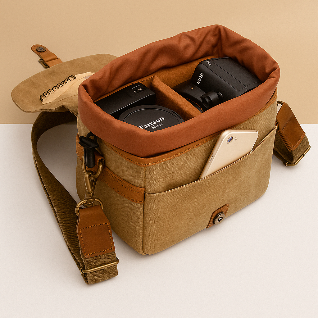 Men’s vintage DSLR camera bag made of water-resistant batik canvas with padded interior and versatile strap options for travel or studio use