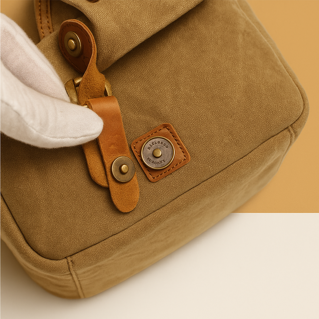 Men’s vintage DSLR camera bag made of water-resistant batik canvas with padded interior and versatile strap options for travel or studio use