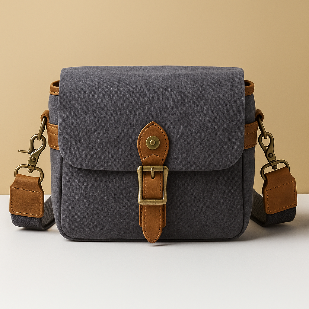 Men’s vintage DSLR camera bag made of water-resistant batik canvas with padded interior and versatile strap options for travel or studio use
