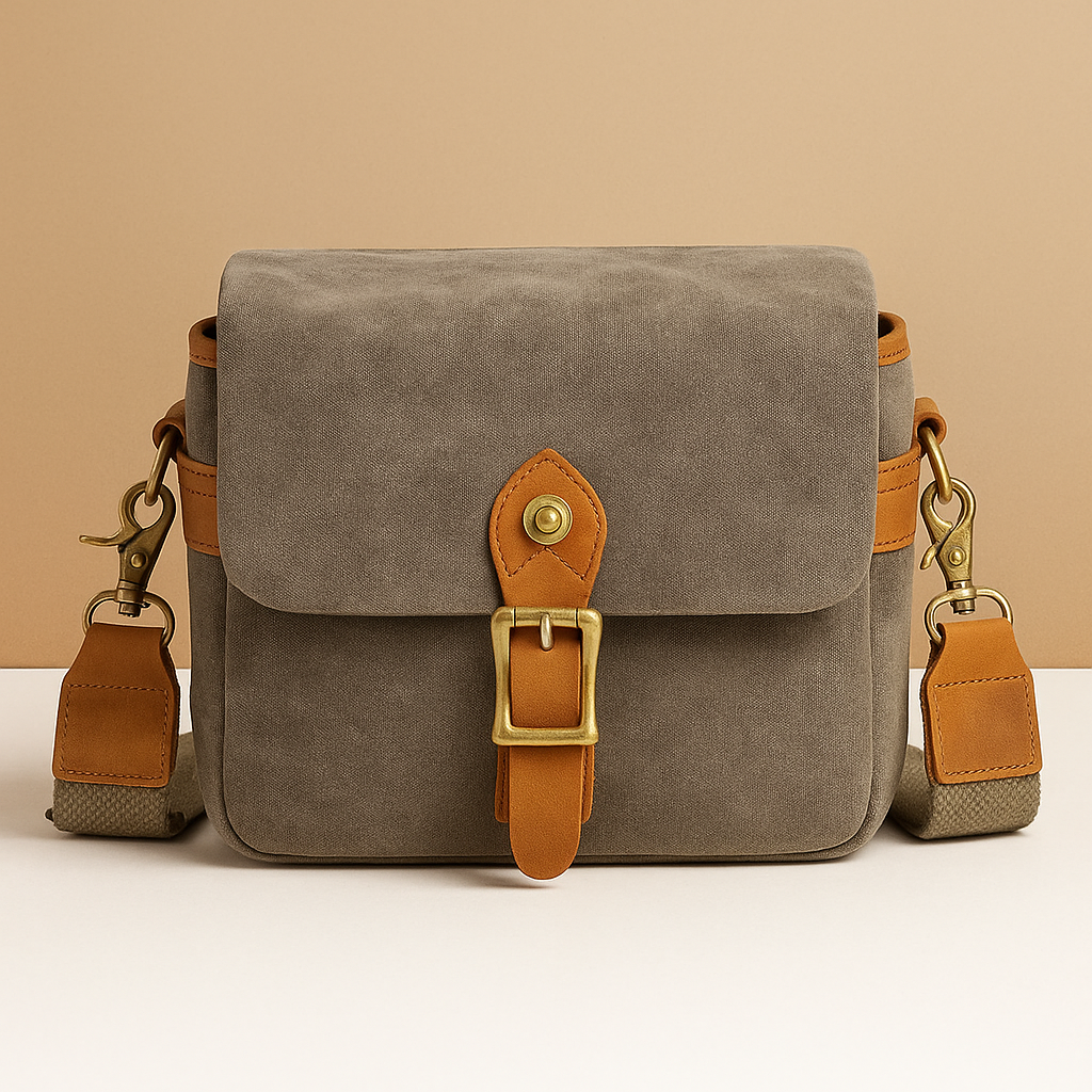 Men’s vintage DSLR camera bag made of water-resistant batik canvas with padded interior and versatile strap options for travel or studio use