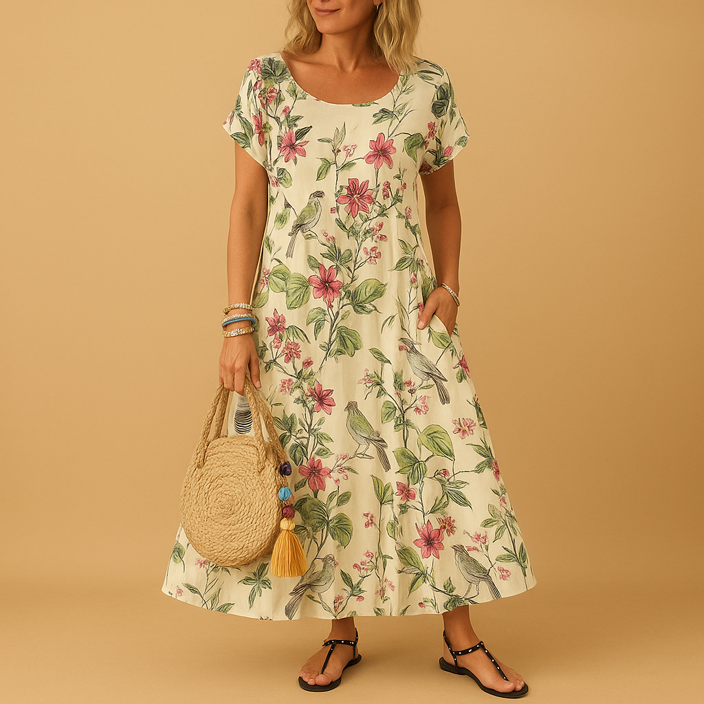 Vintage floral summer dress for women with boat neckline, pleated design, and short sleeves, perfect for warm weather and casual elegance.