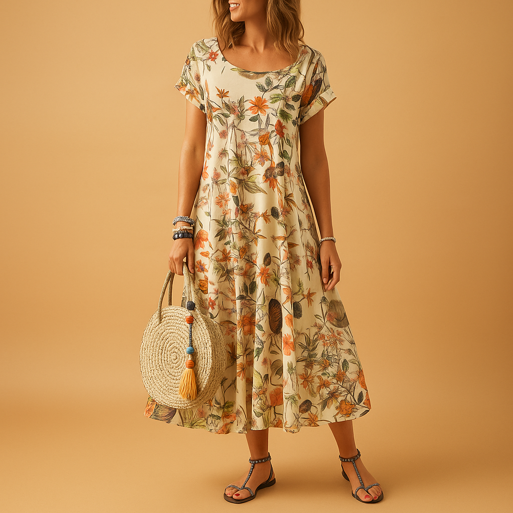 Vintage floral summer dress for women with boat neckline, pleated design, and short sleeves, perfect for warm weather and casual elegance.