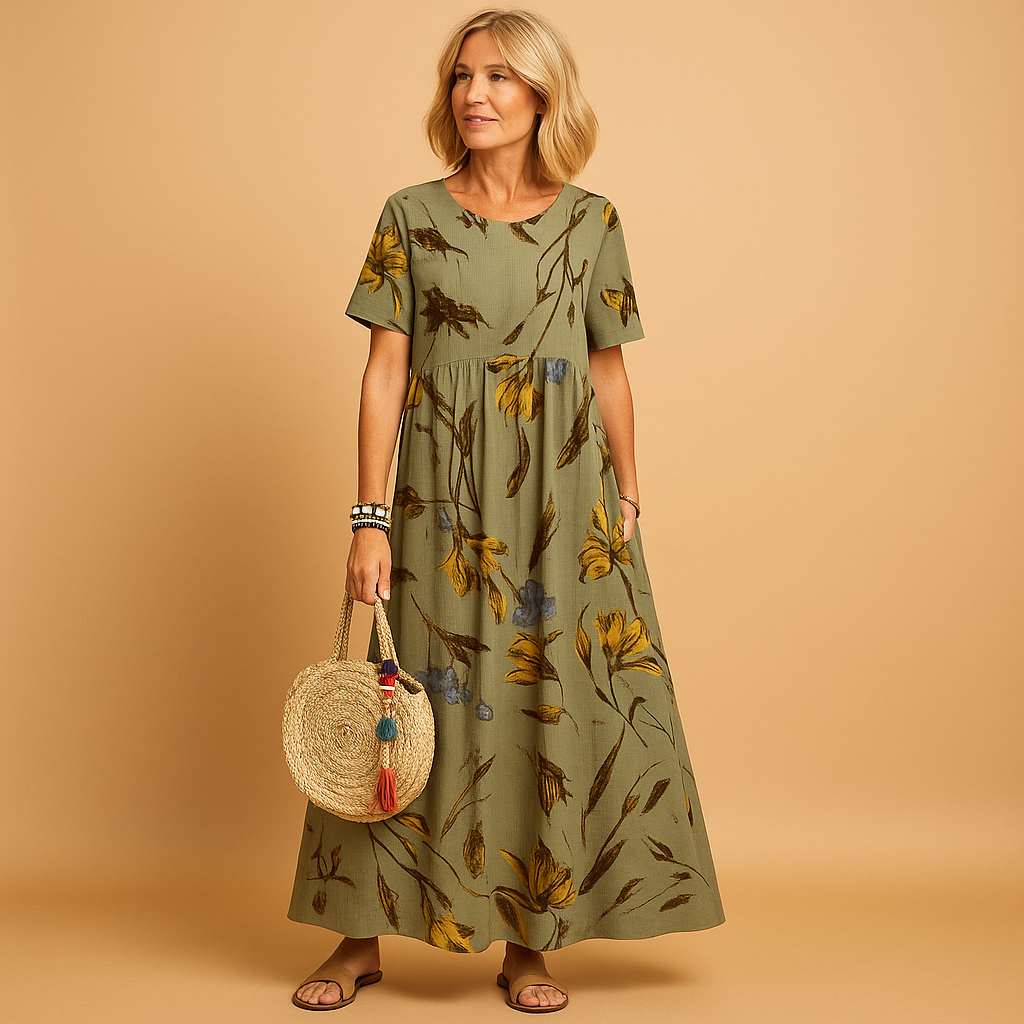 Vintage floral summer dress for women with boat neckline, pleated design, and short sleeves, perfect for warm weather and casual elegance.