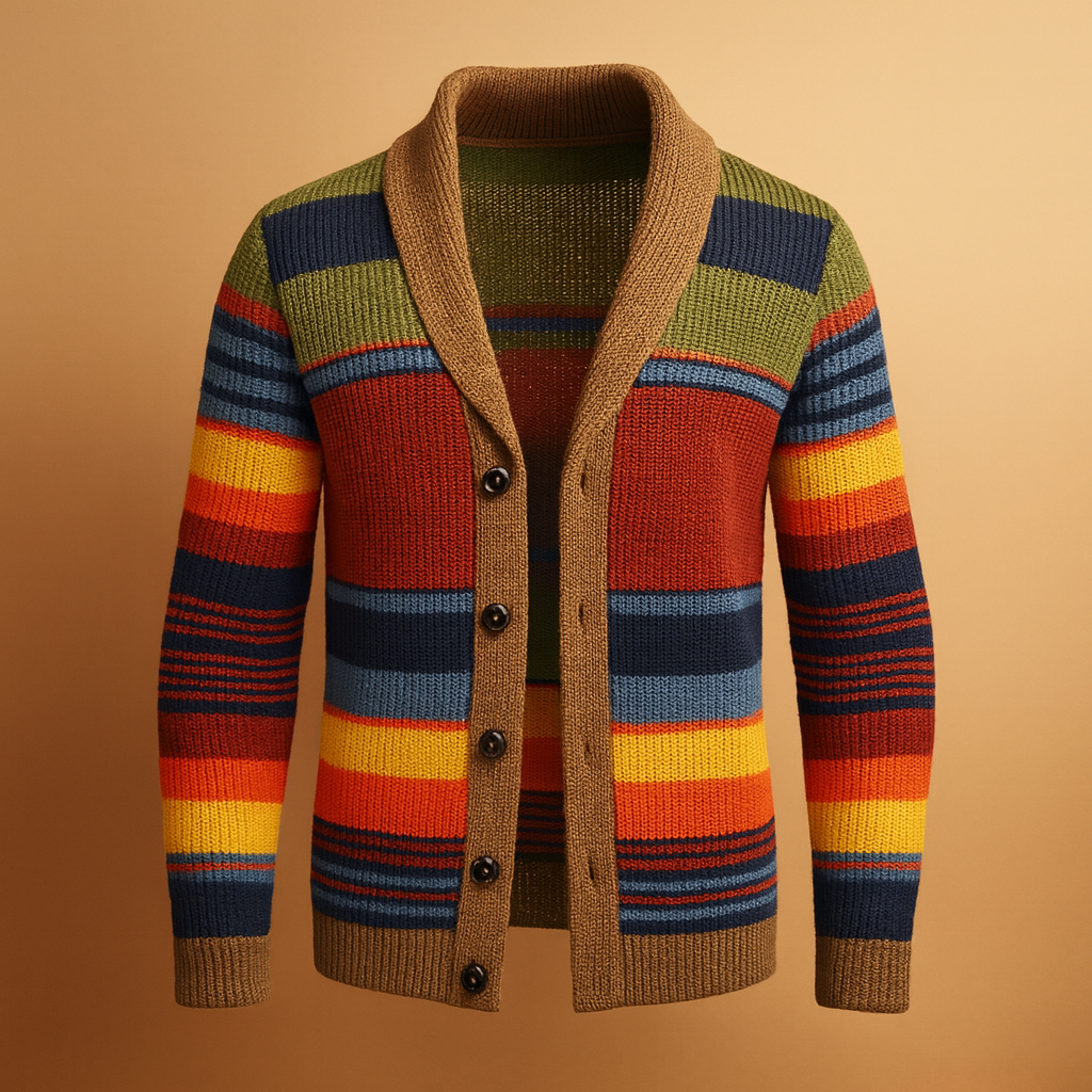 Vintage knitted cardigan for men with classic buttons in multicolour and neutral shades, perfect for autumn, winter, casual, and formal wear.
