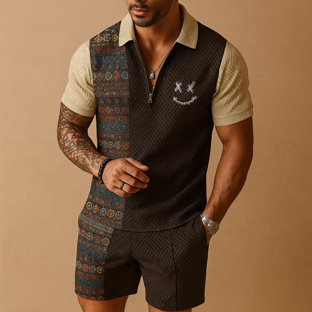 Men’s vintage-inspired summer set with printed polo and matching shorts, perfect for casual wear, vacations, and warm-weather comfort