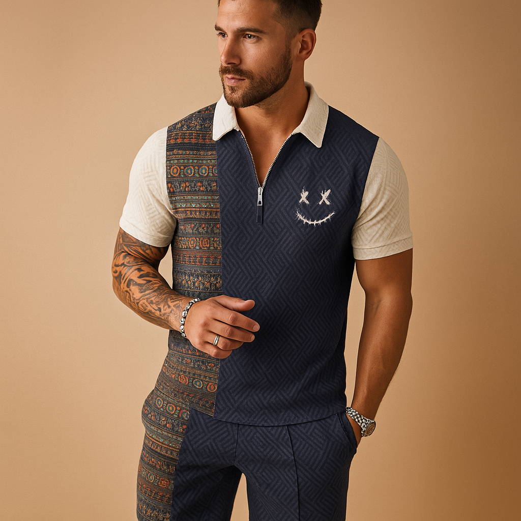 Men’s vintage-inspired summer set with printed polo and matching shorts, perfect for casual wear, vacations, and warm-weather comfort