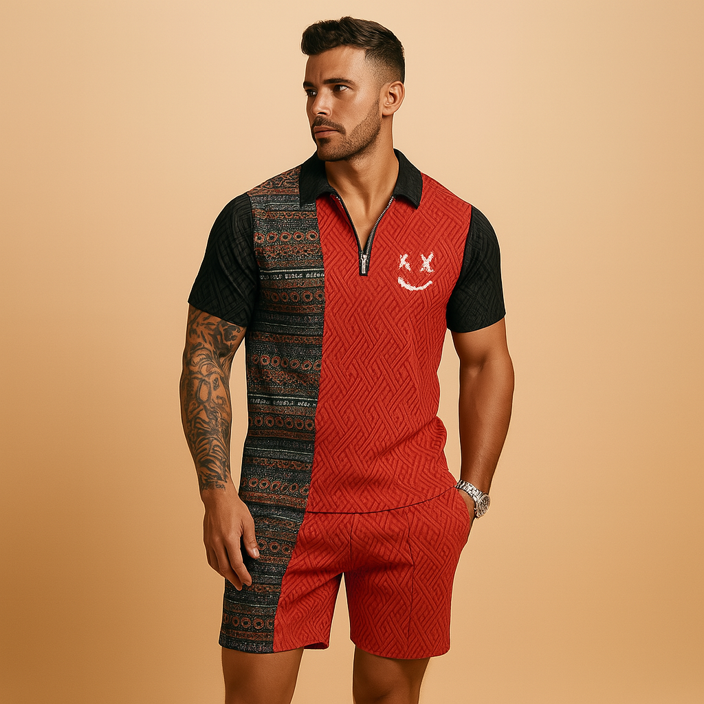 Men’s vintage-inspired summer set with printed polo and matching shorts, perfect for casual wear, vacations, and warm-weather comfort