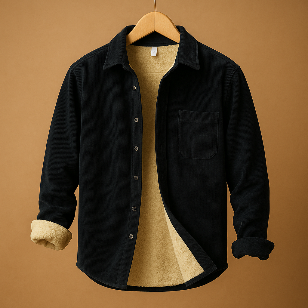 Men’s corduroy long sleeve shirt with vintage style and soft ribbed fabric, available in green, grey, light blue, and dark blue.