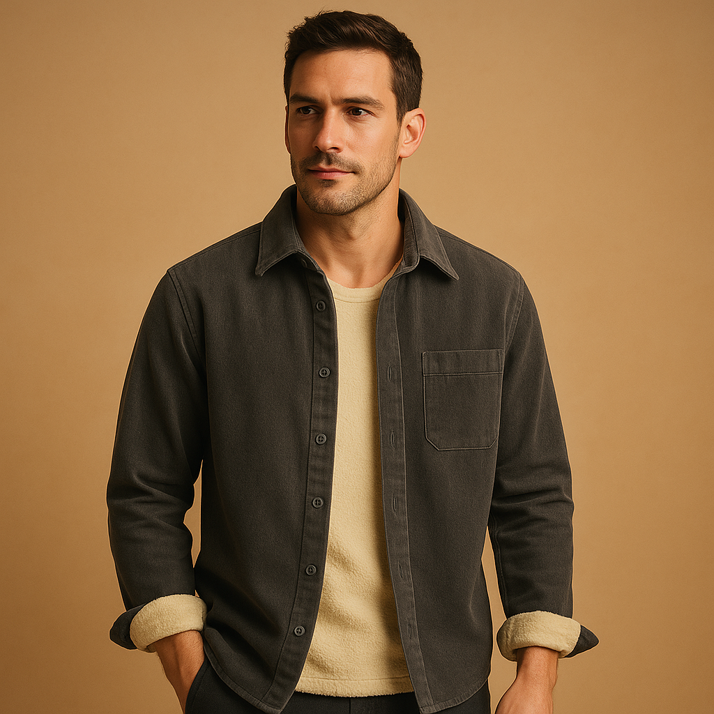 Men’s corduroy long sleeve shirt with vintage style and soft ribbed fabric, available in green, grey, light blue, and dark blue.
