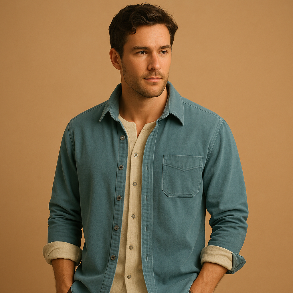 Men’s corduroy long sleeve shirt with vintage style and soft ribbed fabric, available in green, grey, light blue, and dark blue.