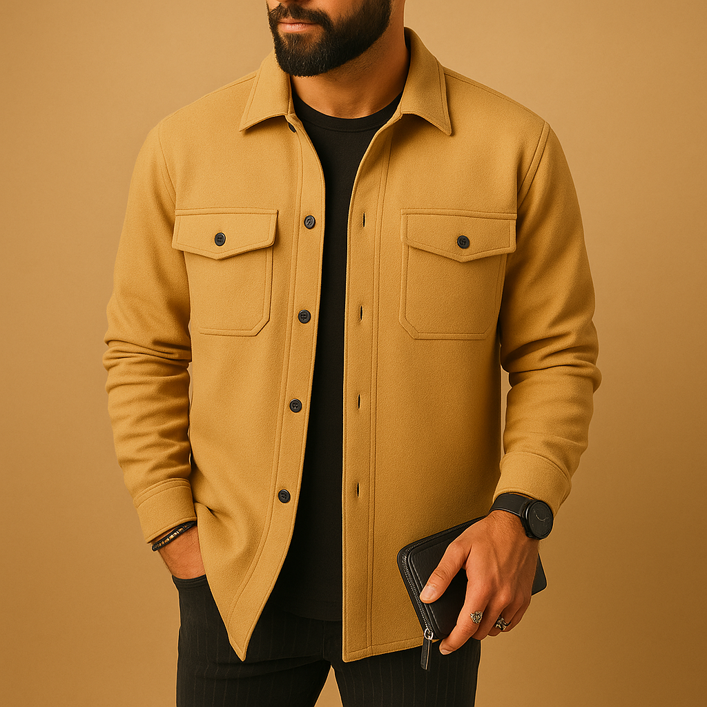 Men’s warm flannel long sleeve shirt with button closure and classic fit, available in apricot, black, grey, and yellow, perfect for autumn and winter wear.