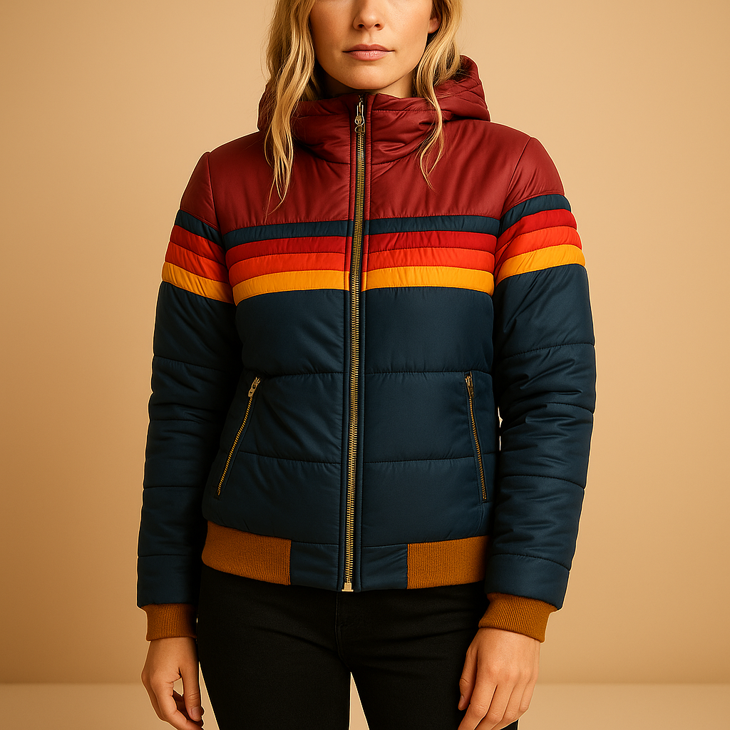 Warm hooded winter coat for women with bold, colorful design, insulating fit, and flattering shape for stylish cold-weather wear.
