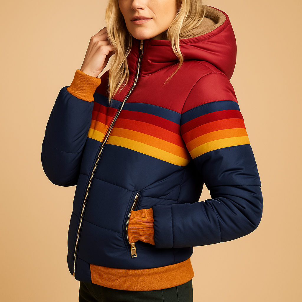 Warm hooded winter coat for women with bold, colorful design, insulating fit, and flattering shape for stylish cold-weather wear.