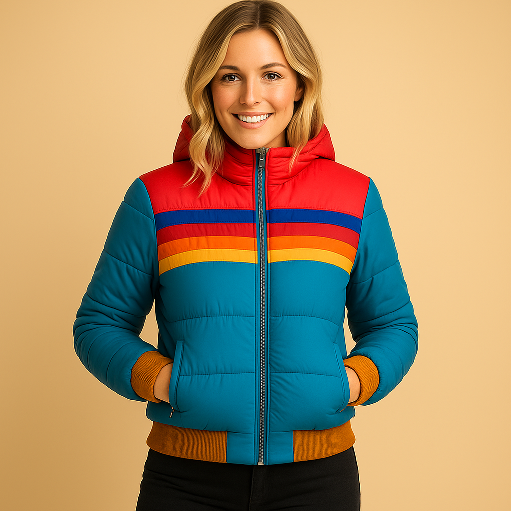 Warm hooded winter coat for women with bold, colorful design, insulating fit, and flattering shape for stylish cold-weather wear.