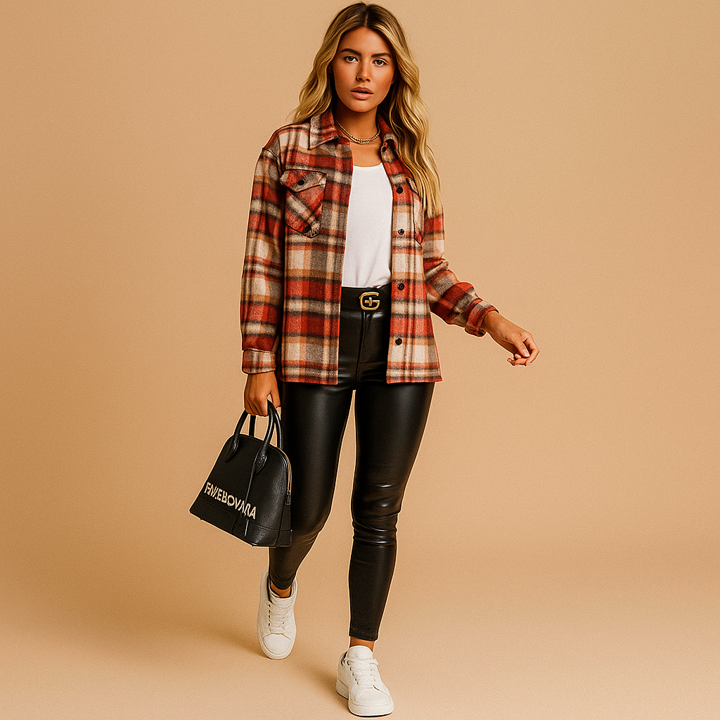 Warm plaid jacket for women with timeless check pattern, soft lining, and stylish fit—ideal for autumn walks and cool-weather layering.