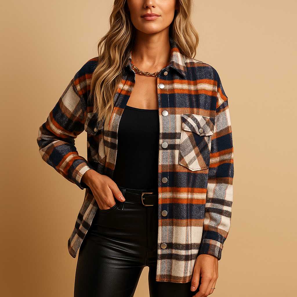 Warm plaid jacket for women with timeless check pattern, soft lining, and stylish fit—ideal for autumn walks and cool-weather layering.