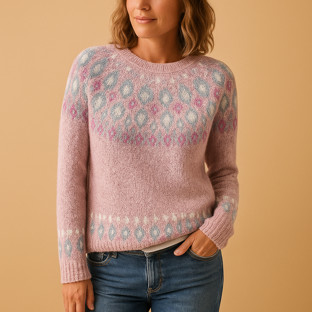 Warm wool sweater for women with stylish printed design, available in green, blue, grey, pink, and white—perfect for winter days and layered outfits.