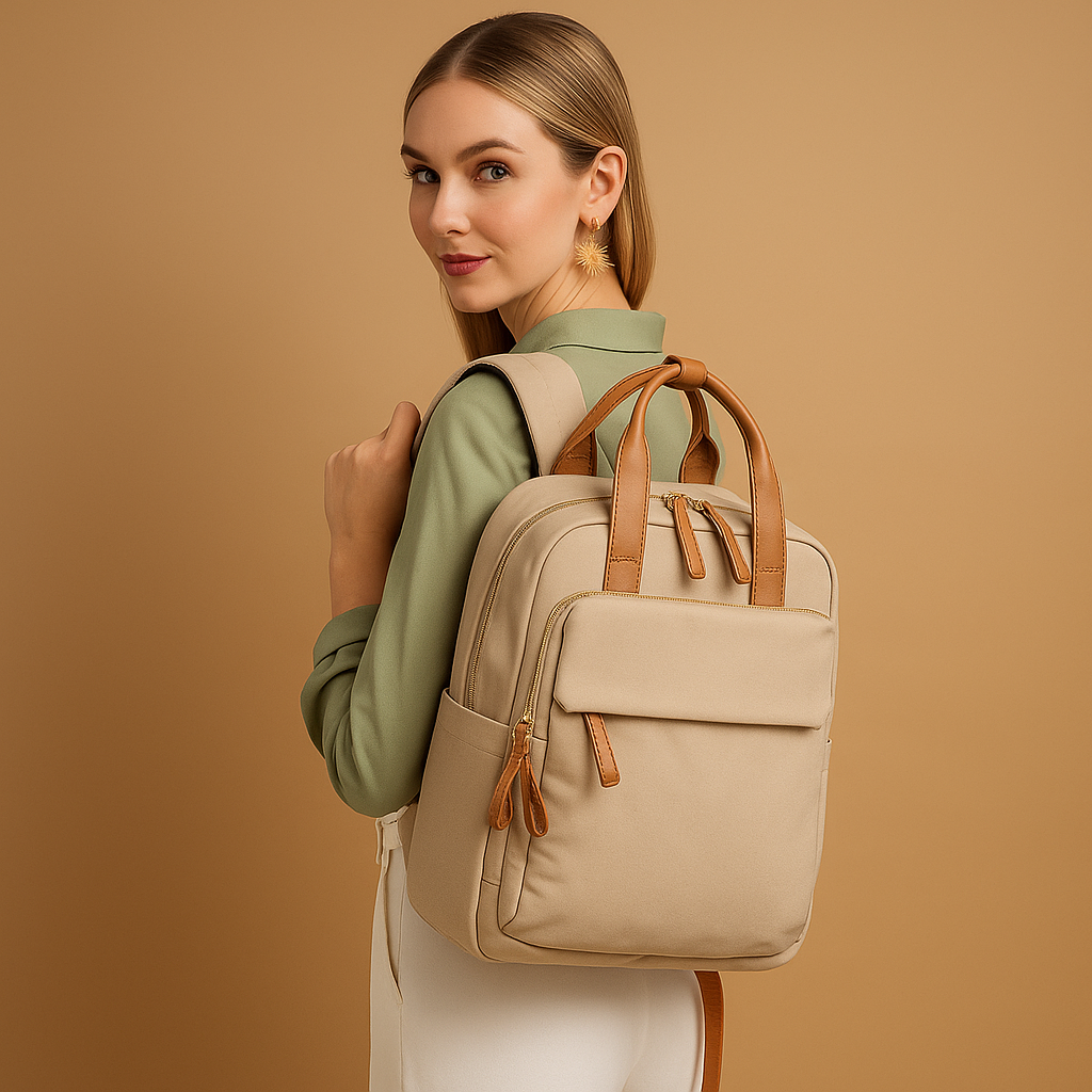 Water-repellent laptop backpack for women with padded 14-inch laptop sleeve, travel trolley sleeve, and stylish lightweight design.