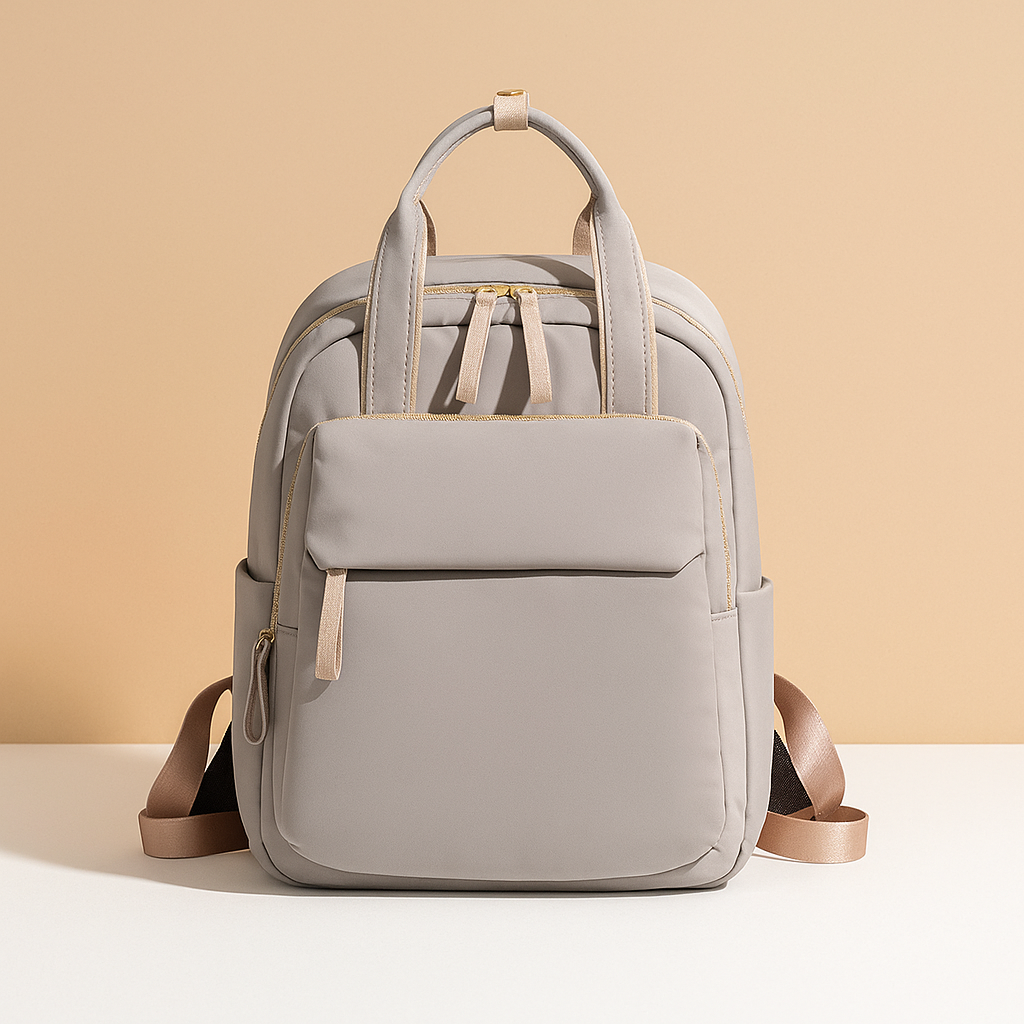 Water-repellent laptop backpack for women with padded 14-inch laptop sleeve, travel trolley sleeve, and stylish lightweight design.