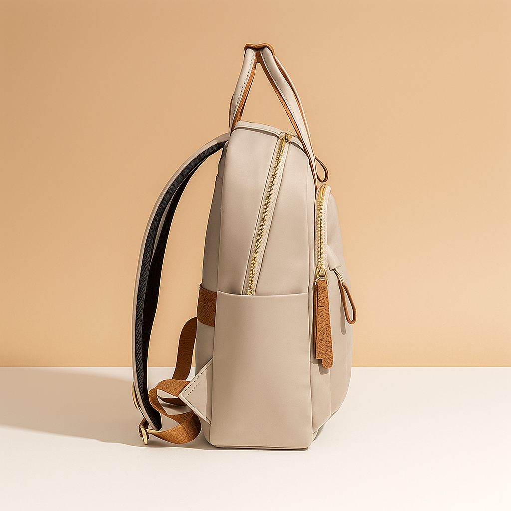 Water-repellent laptop backpack for women with padded 14-inch laptop sleeve, travel trolley sleeve, and stylish lightweight design.