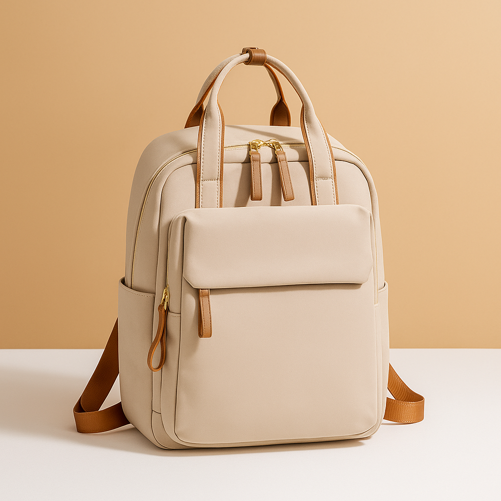 Water-repellent laptop backpack for women with padded 14-inch laptop sleeve, travel trolley sleeve, and stylish lightweight design.