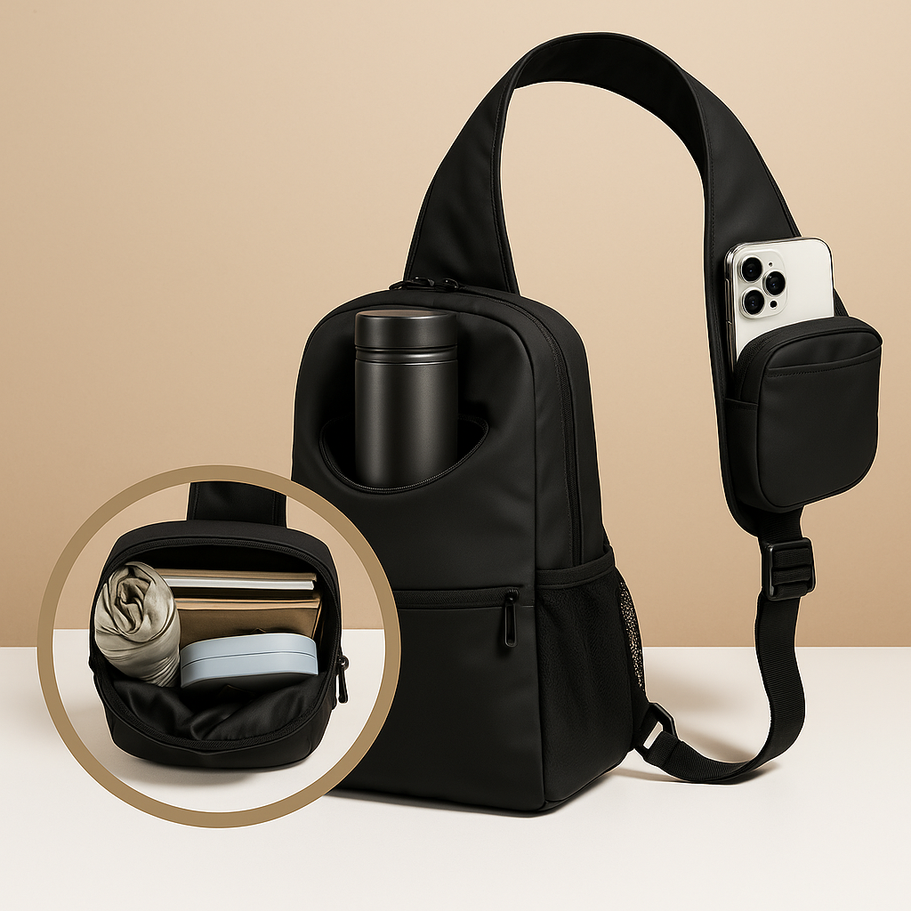 Men’s water-resistant crossbody travel bag with breathable strap, water bottle holder, and stain-proof finish for outdoor and urban adventures.