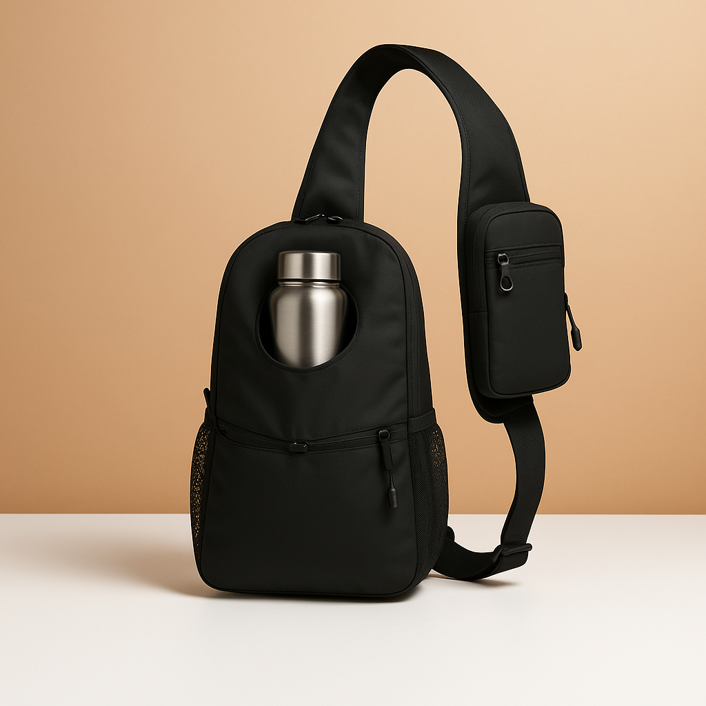 Men’s water-resistant crossbody travel bag with breathable strap, water bottle holder, and stain-proof finish for outdoor and urban adventures.