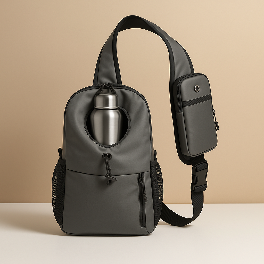 Men’s water-resistant crossbody travel bag with breathable strap, water bottle holder, and stain-proof finish for outdoor and urban adventures.