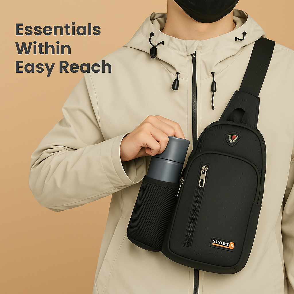 Men's waterbottle carrier chest bag with secure compartments, ergonomic strap, and water-resistant material for daily and outdoor use.