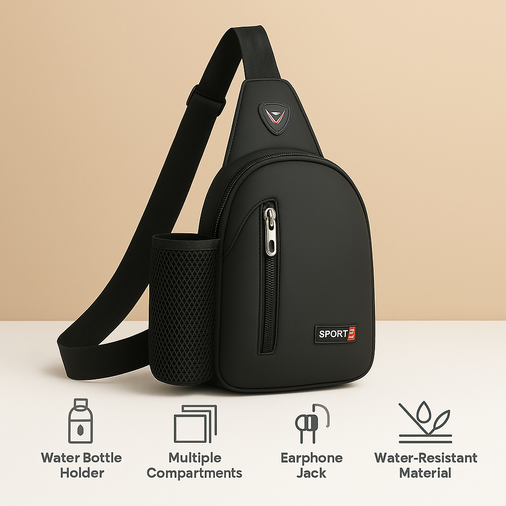 Men's waterbottle carrier chest bag with secure compartments, ergonomic strap, and water-resistant material for daily and outdoor use.