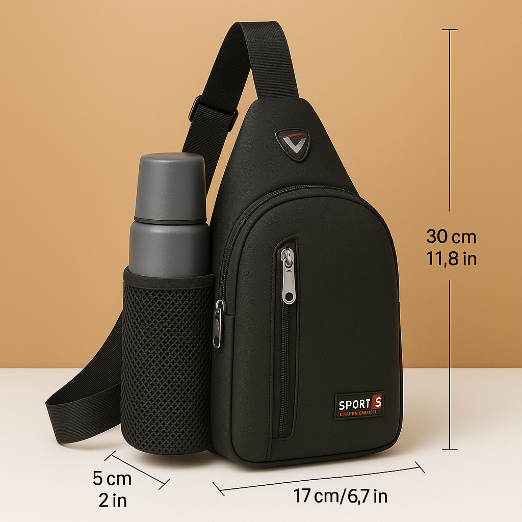 Men's waterbottle carrier chest bag with secure compartments, ergonomic strap, and water-resistant material for daily and outdoor use.