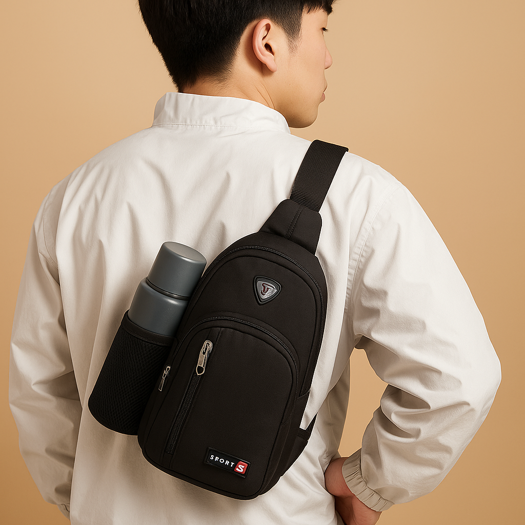 Men's waterbottle carrier chest bag with secure compartments, ergonomic strap, and water-resistant material for daily and outdoor use.