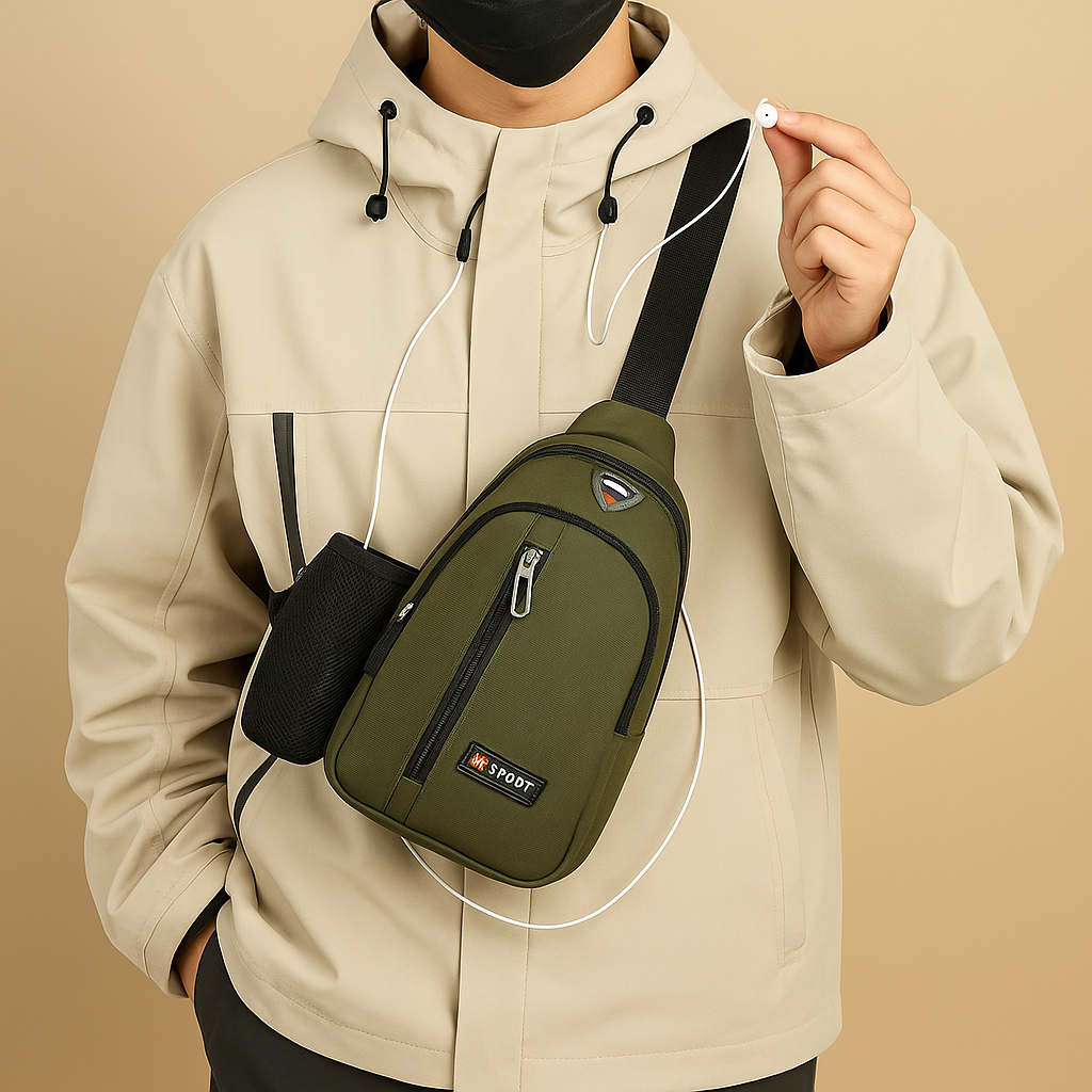 Men's waterbottle carrier chest bag with secure compartments, ergonomic strap, and water-resistant material for daily and outdoor use.