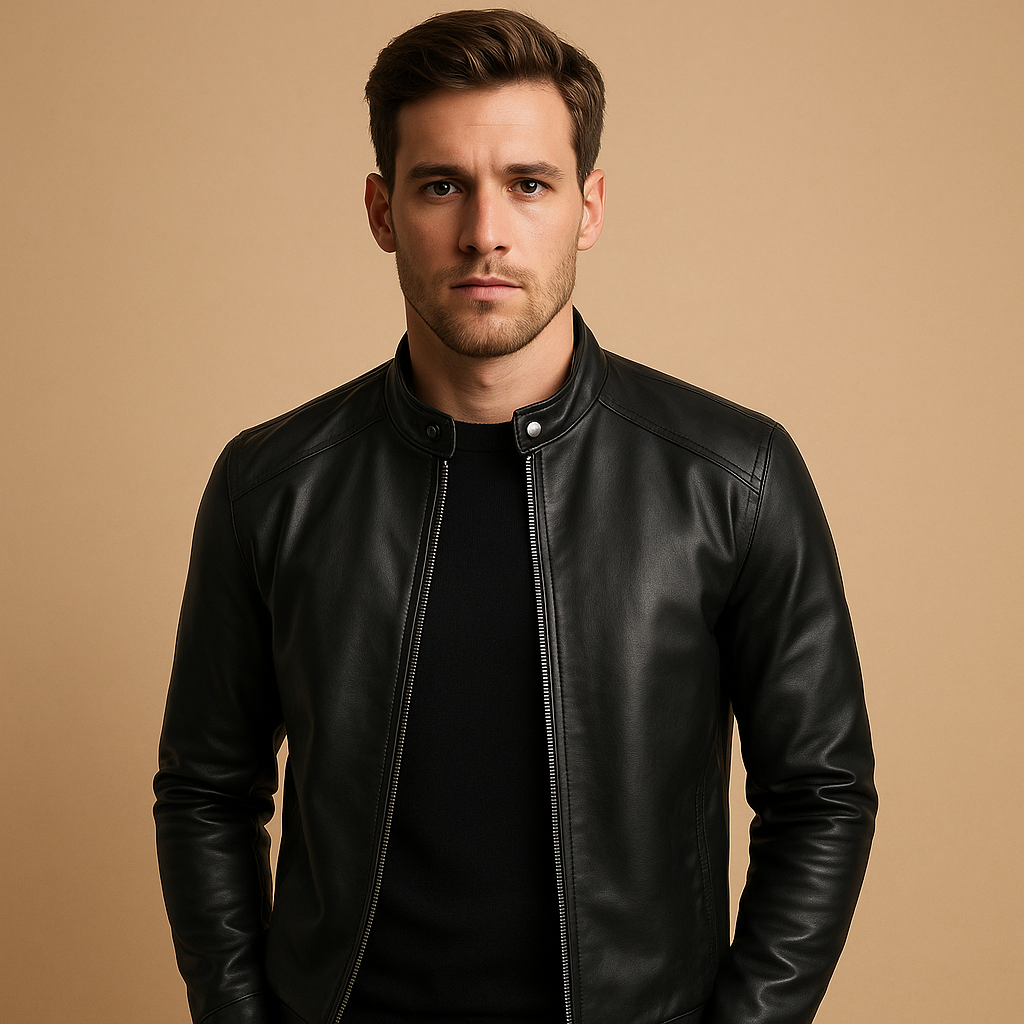 Men’s waterproof biker jacket in classic black with tailored fit, durable design, and soft inner lining, ideal for motorcycle rides or daily use.