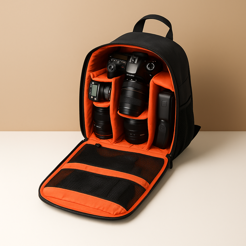 Waterproof camera backpack for men with adjustable padded dividers, tripod support, and breathable straps for secure, comfortable photography on the go.