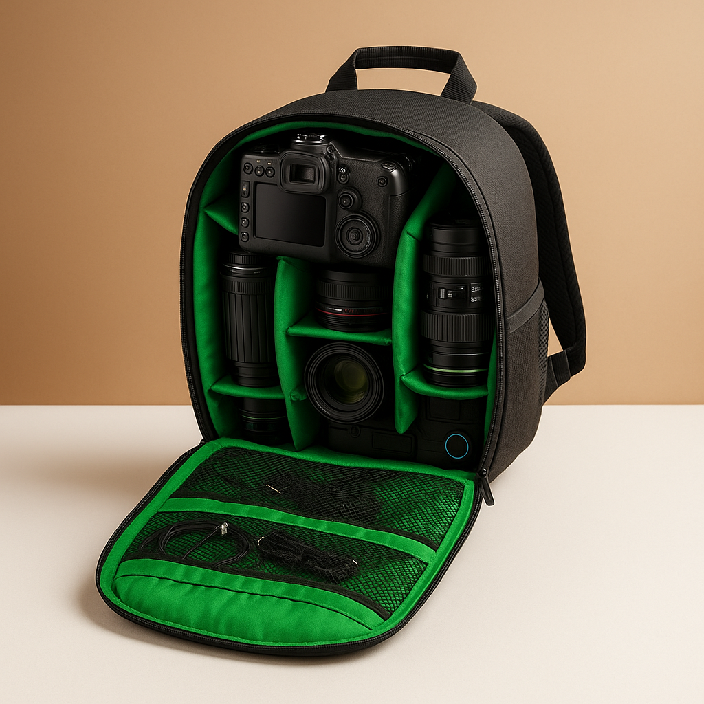 Waterproof camera backpack for men with adjustable padded dividers, tripod support, and breathable straps for secure, comfortable photography on the go.