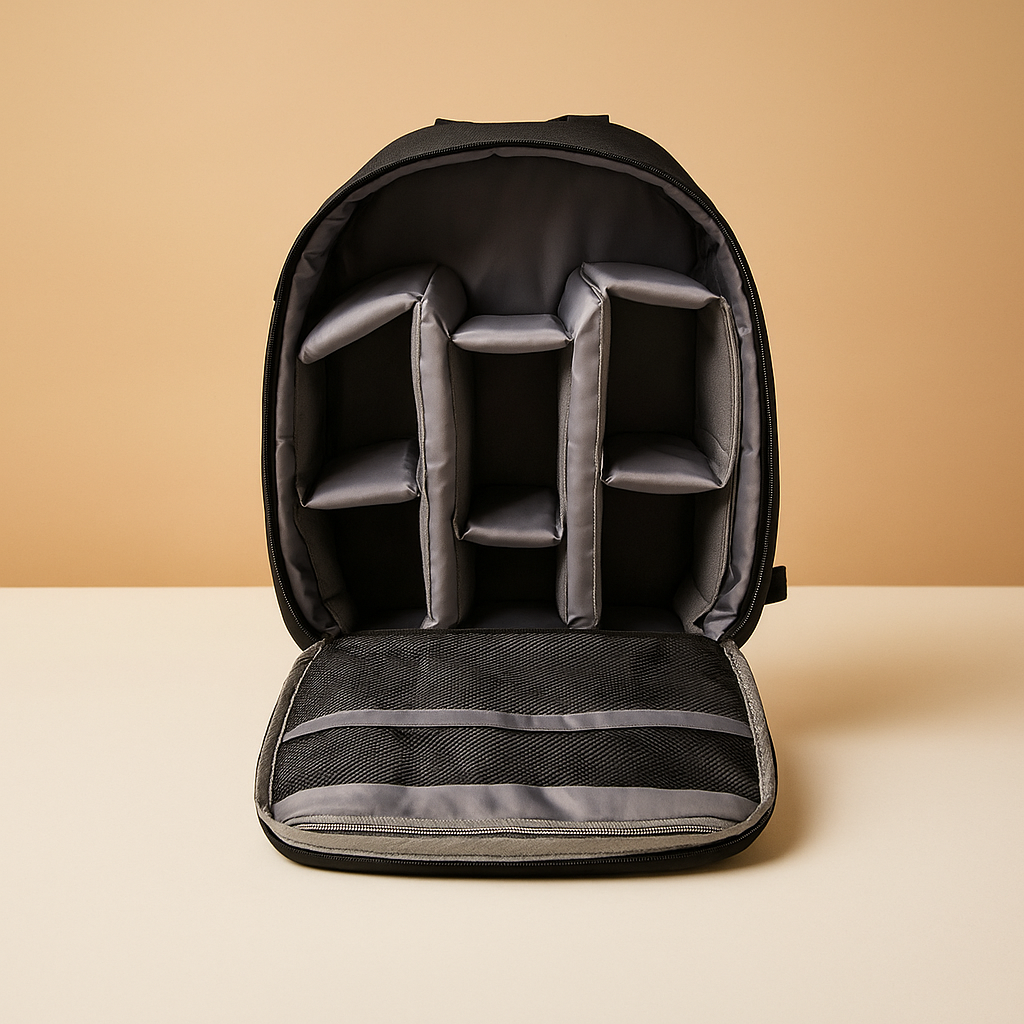 Waterproof camera backpack for men with adjustable padded dividers, tripod support, and breathable straps for secure, comfortable photography on the go.