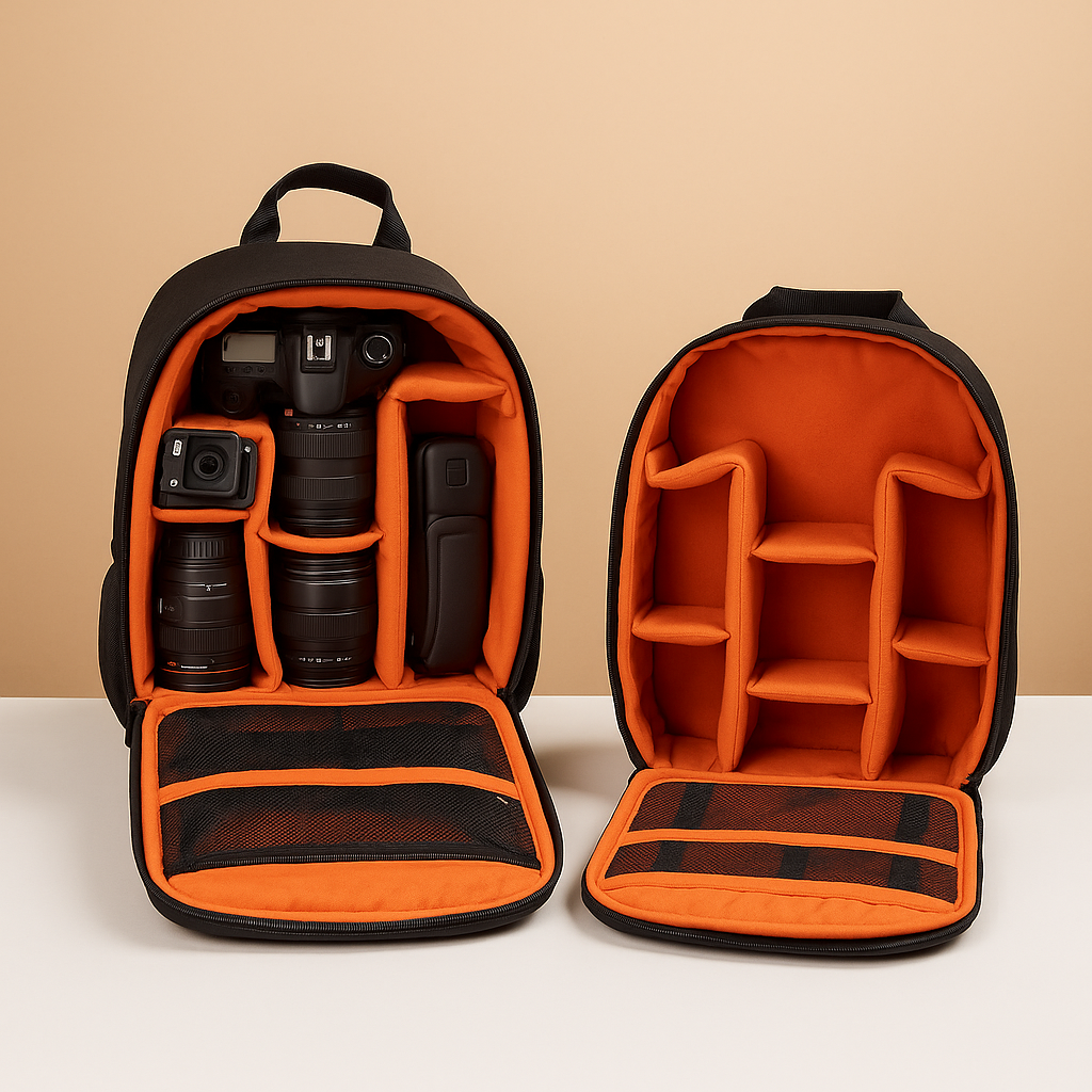 Waterproof camera backpack for men with adjustable padded dividers, tripod support, and breathable straps for secure, comfortable photography on the go.
