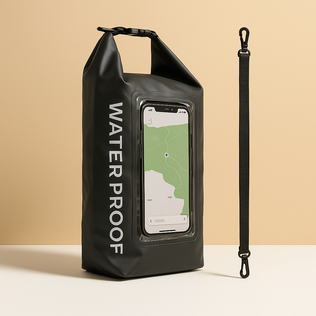 Waterproof floating phone bag for men with IP68 rating, touchscreen pouch, and roll-top design—ideal for beach days, water sports, and travel security.