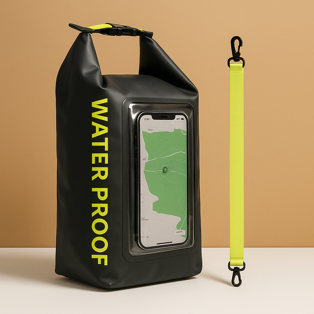 Waterproof floating phone bag for men with IP68 rating, touchscreen pouch, and roll-top design—ideal for beach days, water sports, and travel security.