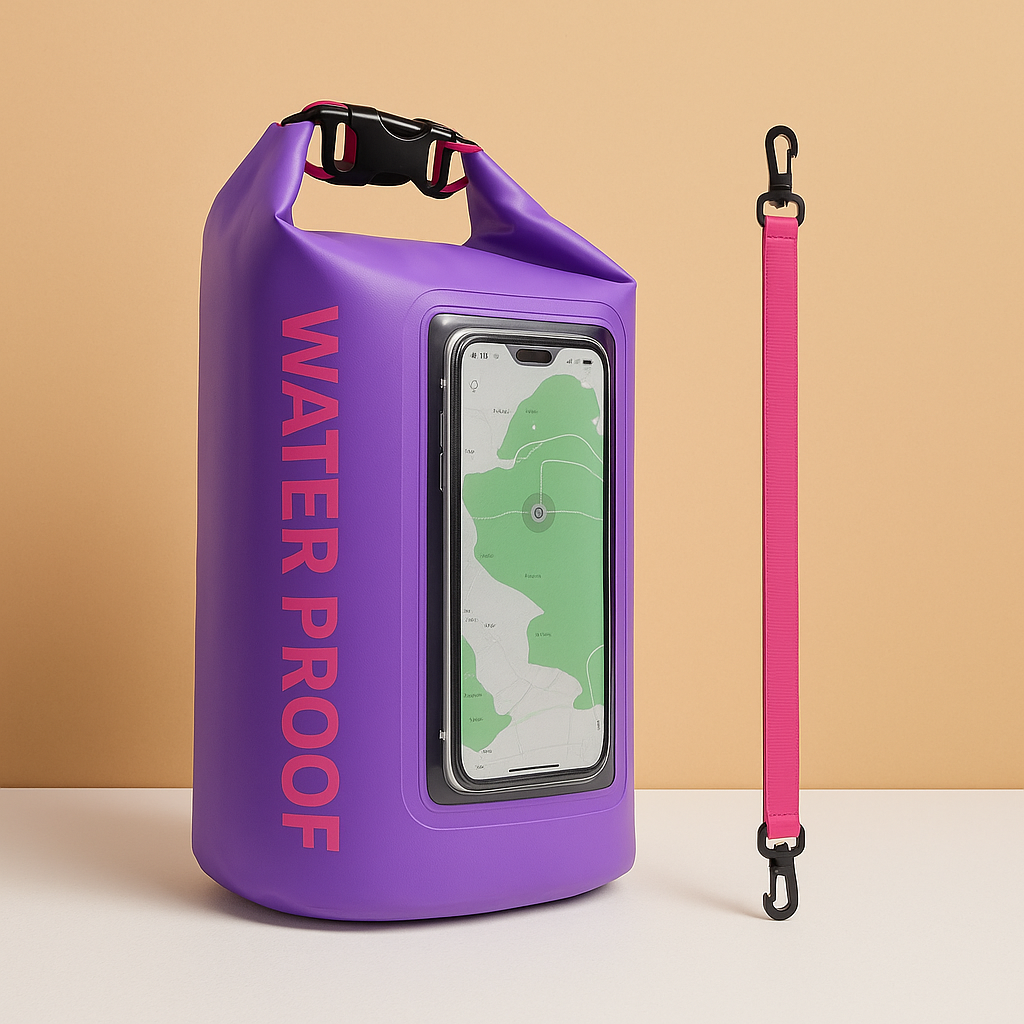 Waterproof floating phone bag for men with IP68 rating, touchscreen pouch, and roll-top design—ideal for beach days, water sports, and travel security.