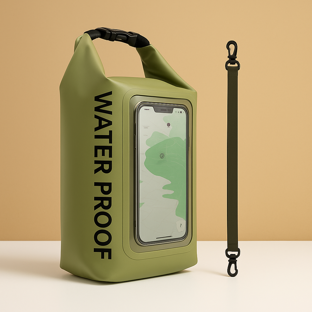 Waterproof floating phone bag for men with IP68 rating, touchscreen pouch, and roll-top design—ideal for beach days, water sports, and travel security.