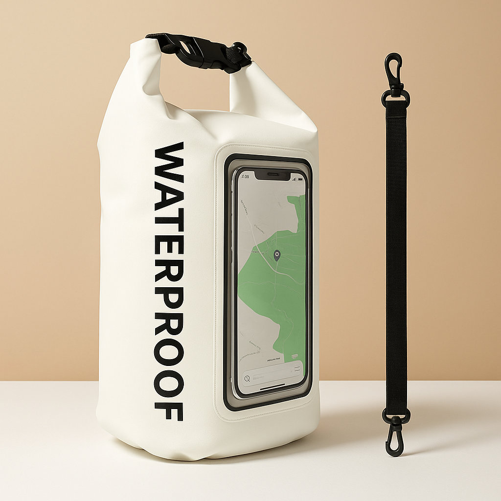 Waterproof floating phone bag for men with IP68 rating, touchscreen pouch, and roll-top design—ideal for beach days, water sports, and travel security.