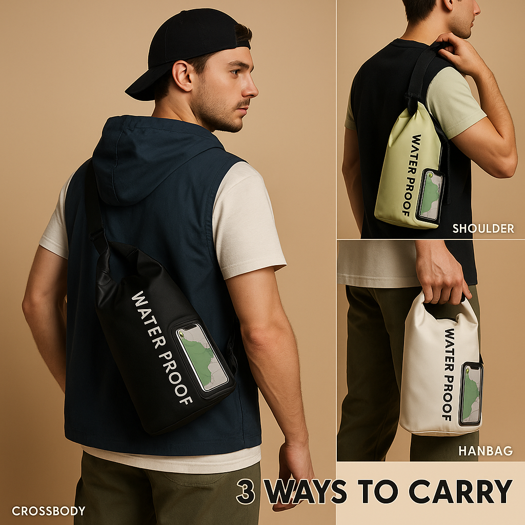 Waterproof floating phone bag for men with IP68 rating, touchscreen pouch, and roll-top design—ideal for beach days, water sports, and travel security.