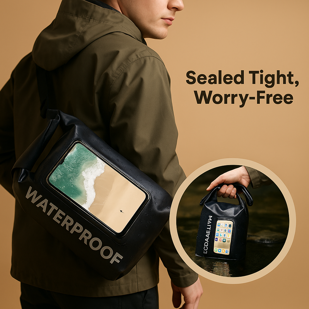 Waterproof floating phone bag for men with IP68 rating, touchscreen pouch, and roll-top design—ideal for beach days, water sports, and travel security.