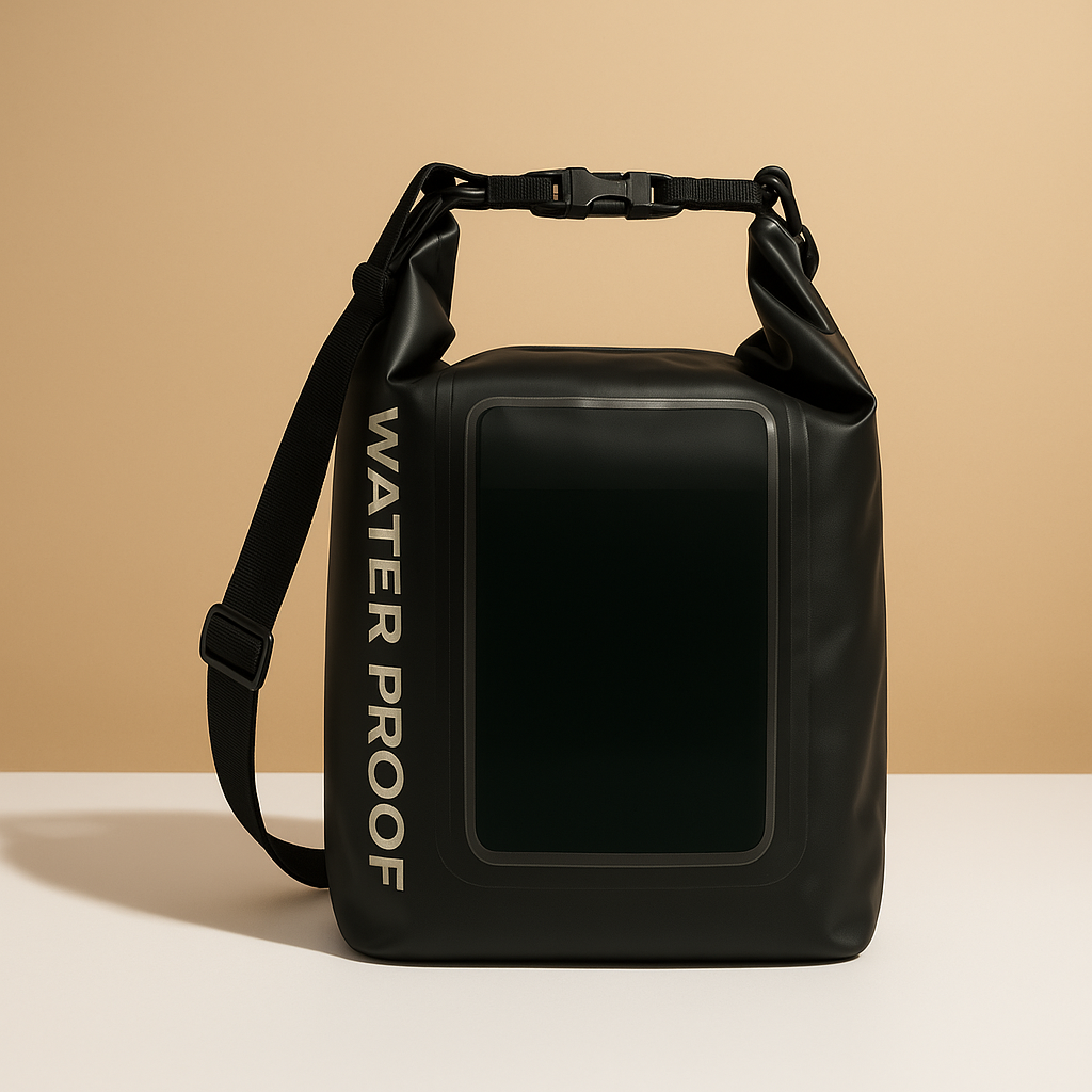 Waterproof floating phone bag for men with IP68 rating, touchscreen pouch, and roll-top design—ideal for beach days, water sports, and travel security.