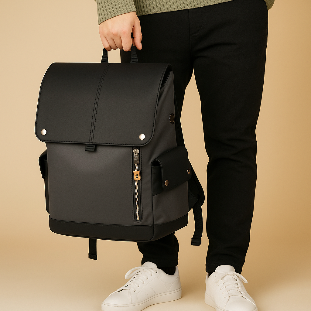 Waterproof leather laptop backpack for men with 15.6-inch laptop sleeve, headphone port, and charging pocket, perfect for work or travel.